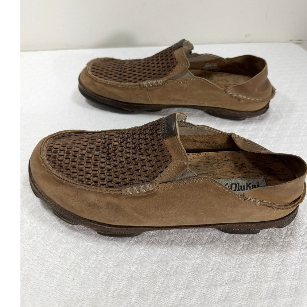 OluKai Moloa Aho Mens 11.5 Tan Leather Mesh Slip On Loafers Shoes 10399-106Z - Picture 3 of 9